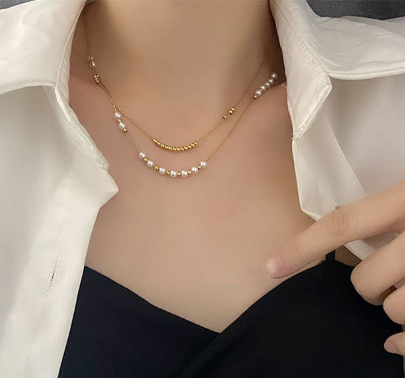 Collar Layer Dorado Perlitas Acero Inox  4E7