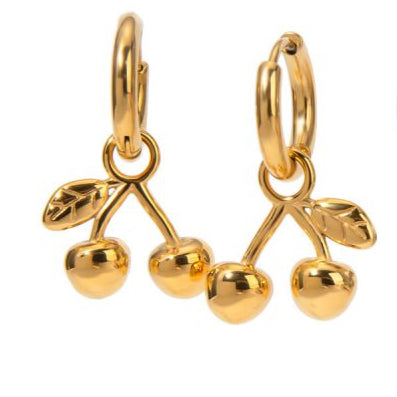 Aretes Arracada Cerezas Doradas Acero Inoxidable 1S8