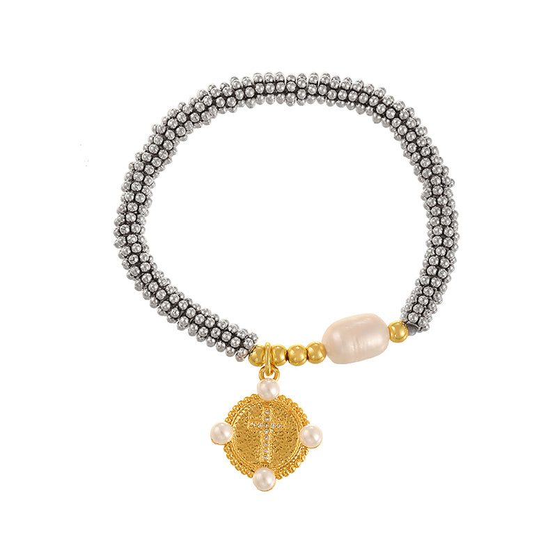 Pulsera Plateada Con Medalla y Perla Chapa de Oro  3J5