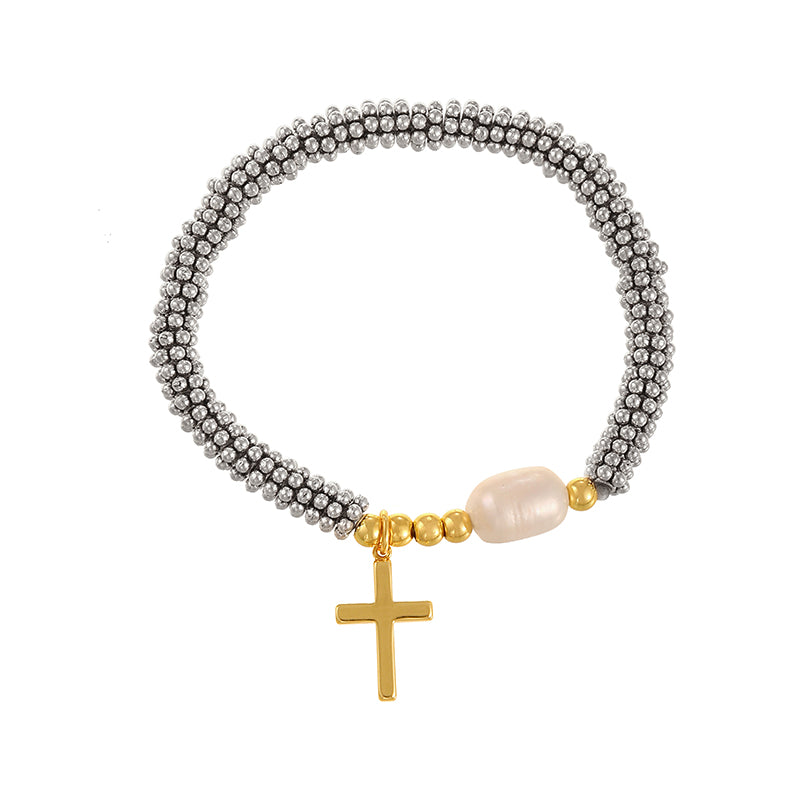 Pulsera Plateada Cruz y Perla Chapa de Oro  3G5