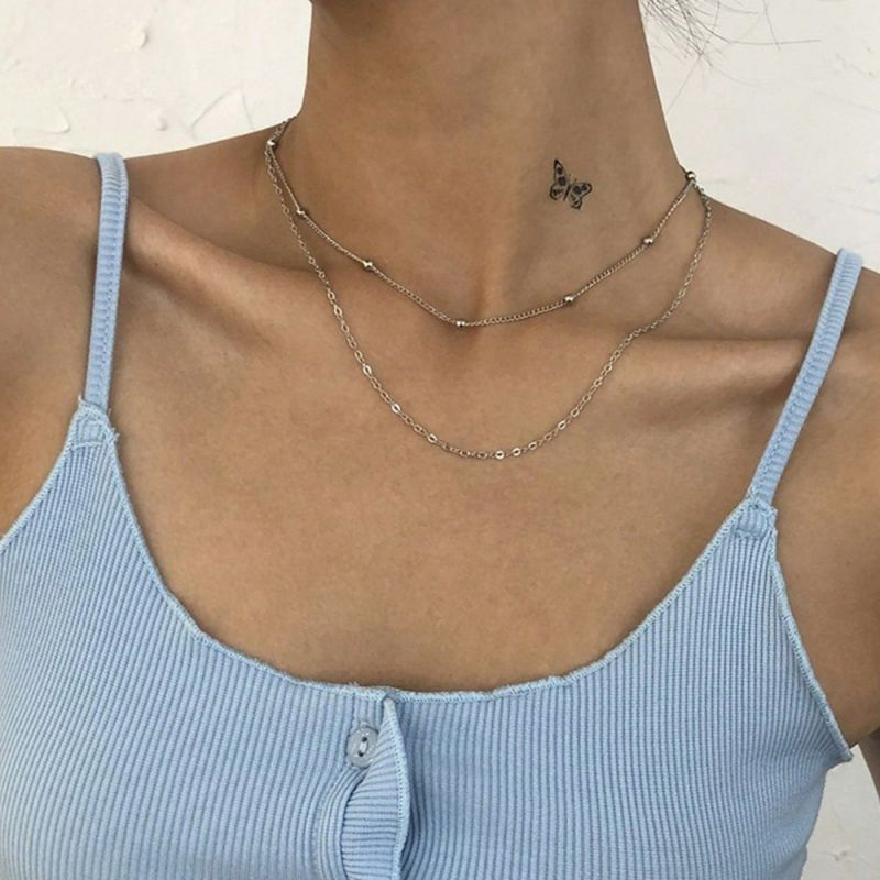 Collar Layer Plateado Bolitas Acero Inoxidable 2D1