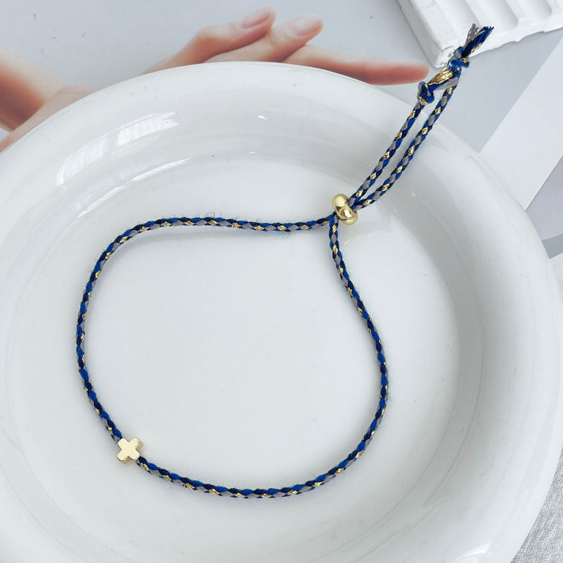 Pulsera Hilo Azul Cruz De Chapa de Oro 1G2