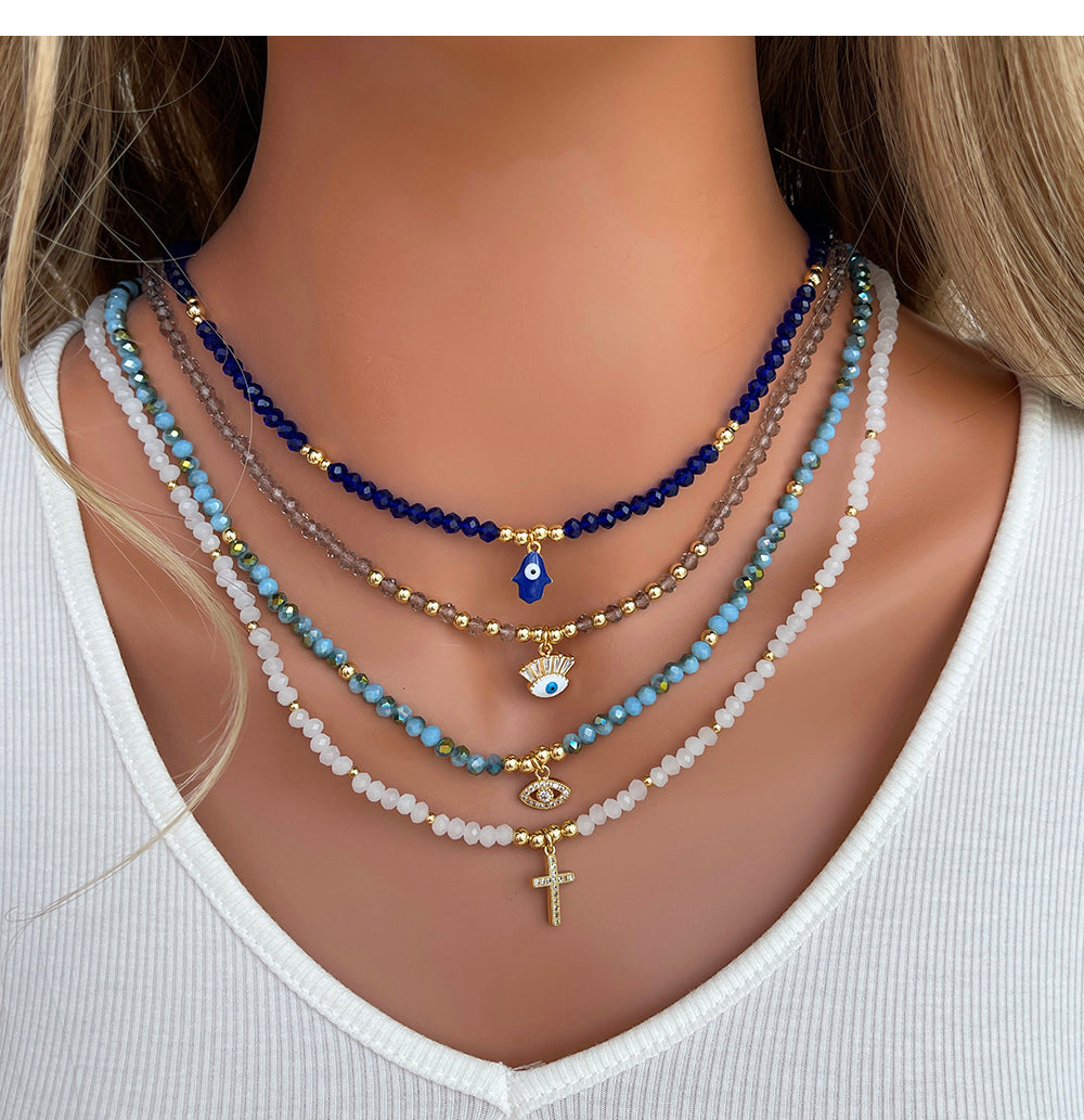 Collar Azul Cristales Mano Fátima Chapa de Oro 1G5