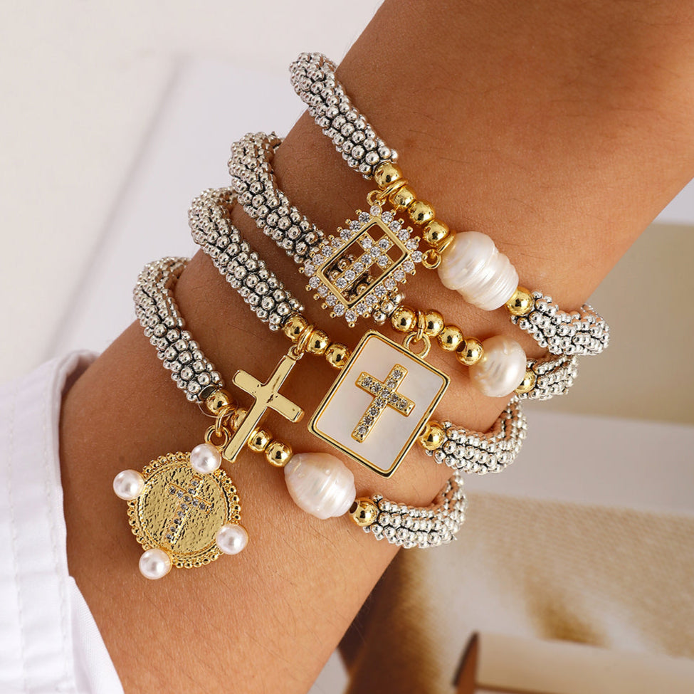Pulsera Plateada Cruz y Perla Chapa de Oro  3G5