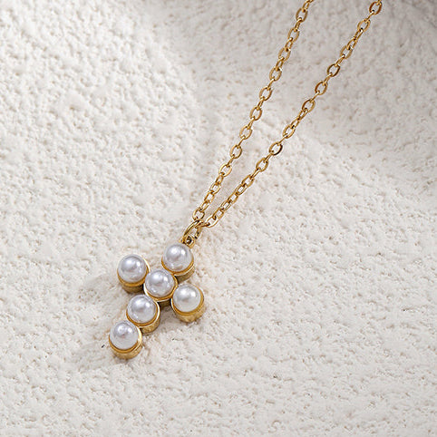 Collar Dorado Cruz Perlas Acero Inoxidable 3H1