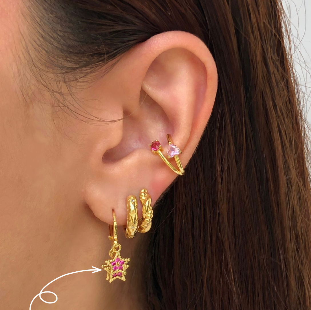 Aretes Arracada Tres Estrellas Rosa Chapa de Oro Az245