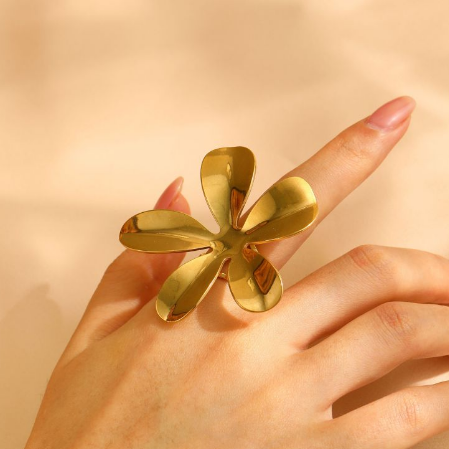 Anillo Gran Flor Dorada  Acero Inoxidable   2E5