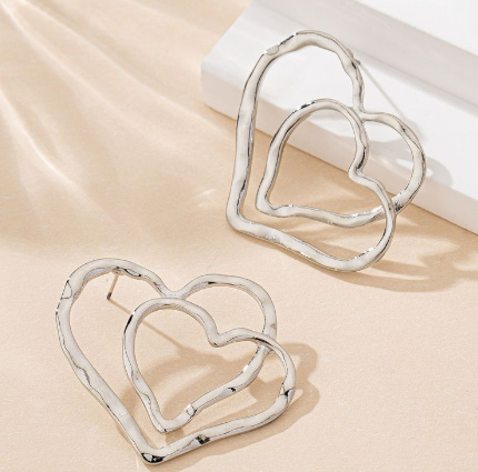 Aretes Corazón Doble Plateado Acero Ve1