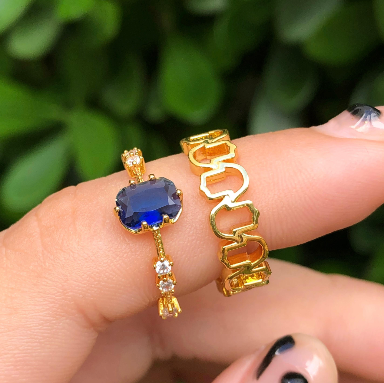 Anillo Zirconia Azul Chapa de Oro Ajustable C684