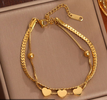 Pulsera Doble Dorada Corazones Acero Inoxidable 1o2