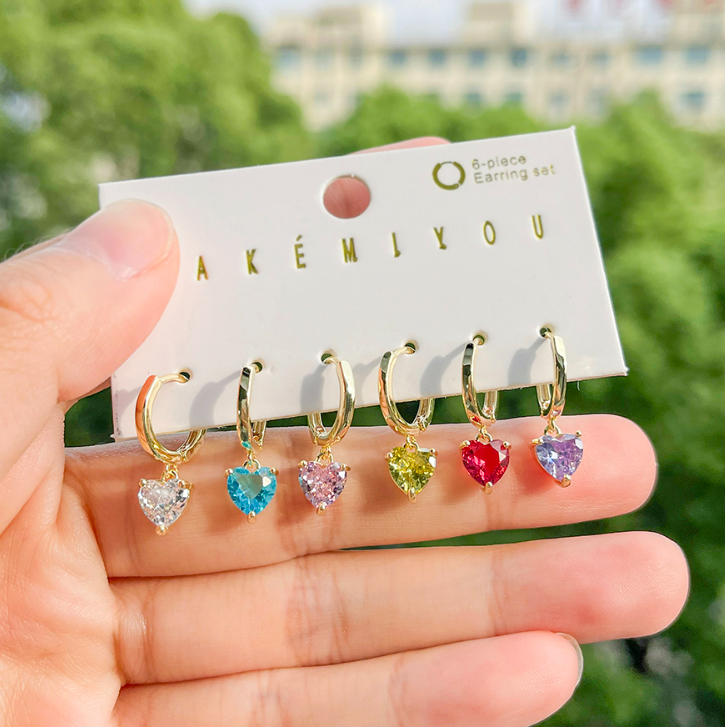 Set 6 Aretes Corazon Chapa de Oro 2U1