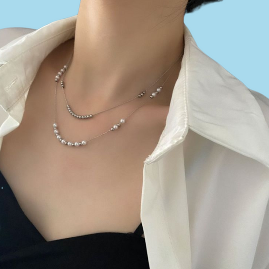 Collar Layer Plateado Perlitas Acero Inoxidable  2K8