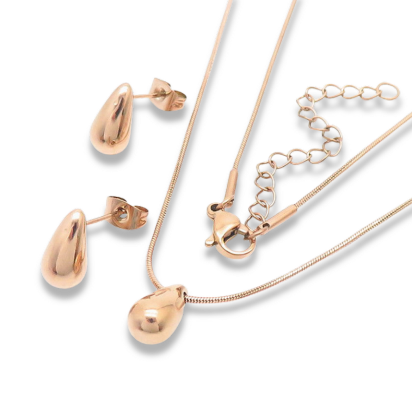 Collar y Aretes Gota Pequeña Oro Rosa Acero Inoxidable 2D8