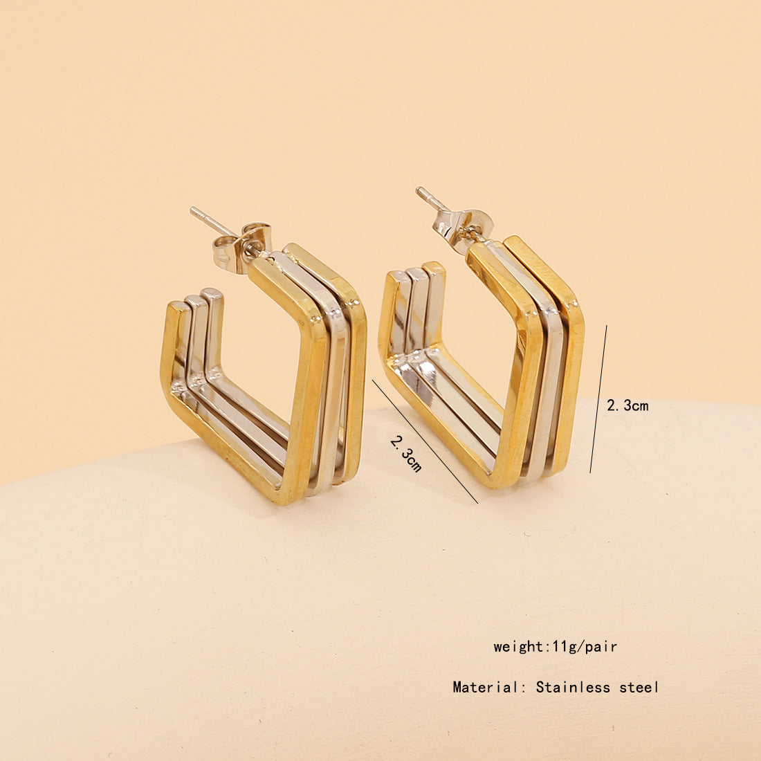 Aretes Cuadrados Oro-Plata Acero Inoxidable 1Y2