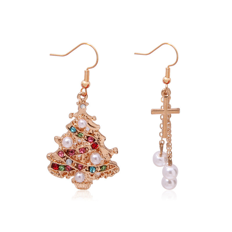 Aretes Dorados Arbol y Cruz Navidad Brillante 3J3