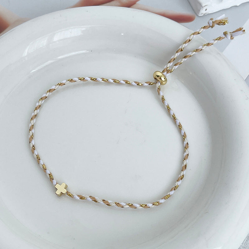 Pulsera Hilo Dorado Cruz De Chapa de Oro 2L1