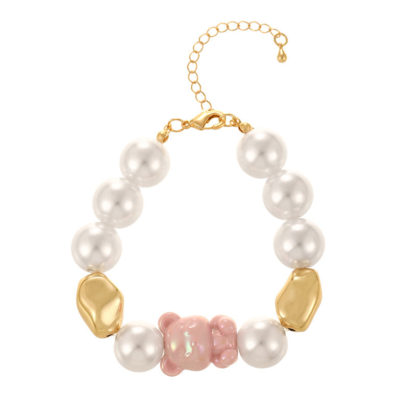 Pulsera Perlas Blancas Oso Rosa Tornasol  2W7