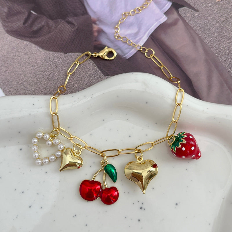 Pulsera Charms Fresa Cereza Corazón Acero Inoxidable 1Z6