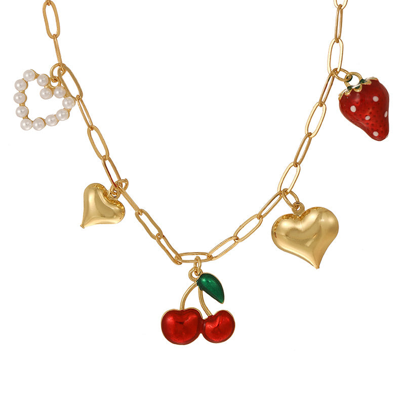 Collar Dorado Charms Fresa Cereza Corazón Acero Inoxidable 2A4