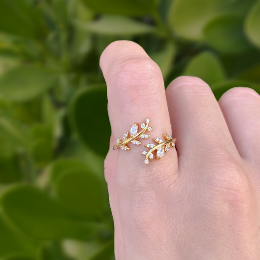 Anillo Hojas con Zirconias Dorado Chapa de Oro Ajustable C674