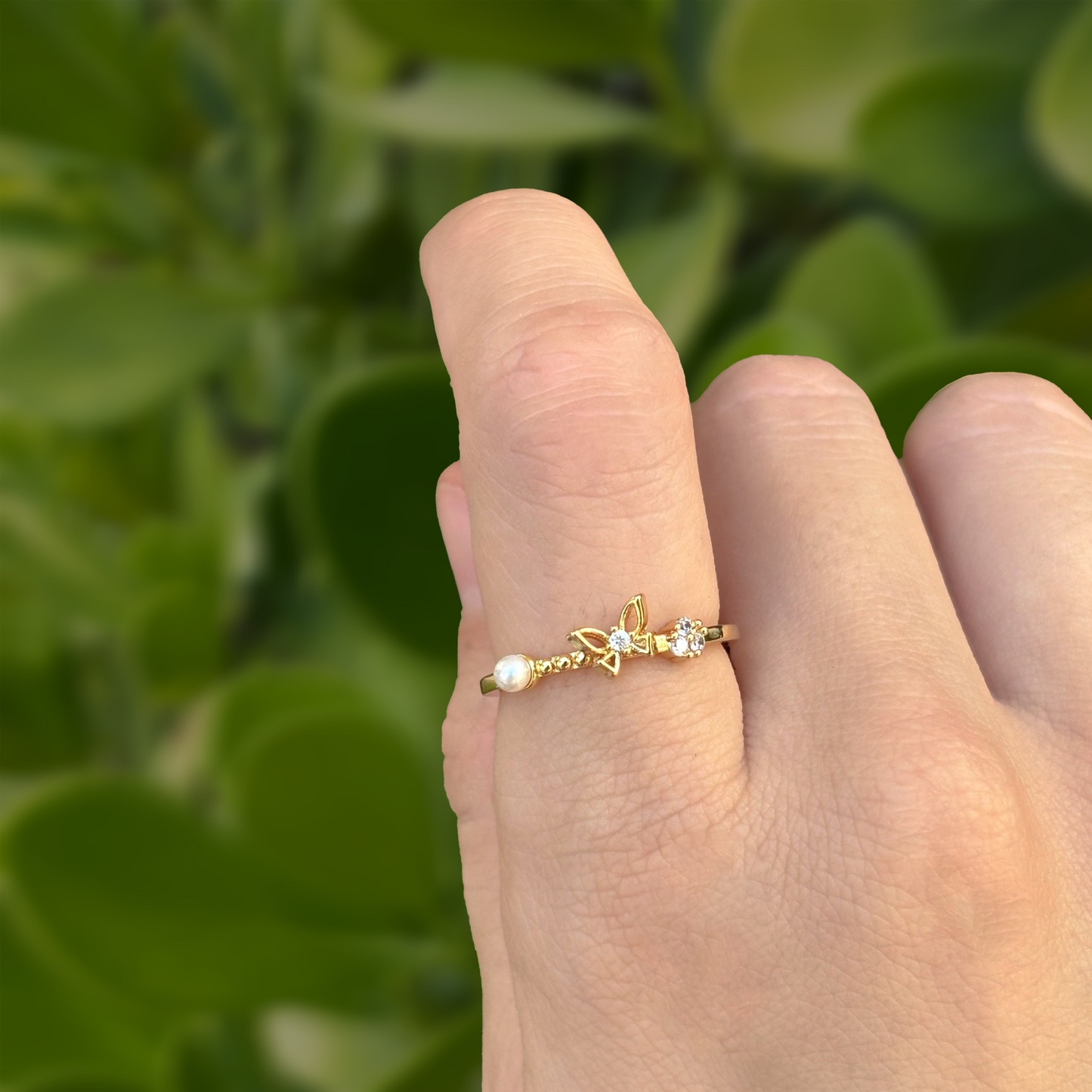 Anillo Mariposa Con Perla Dorado Ajustable Chapa de Oro Az43