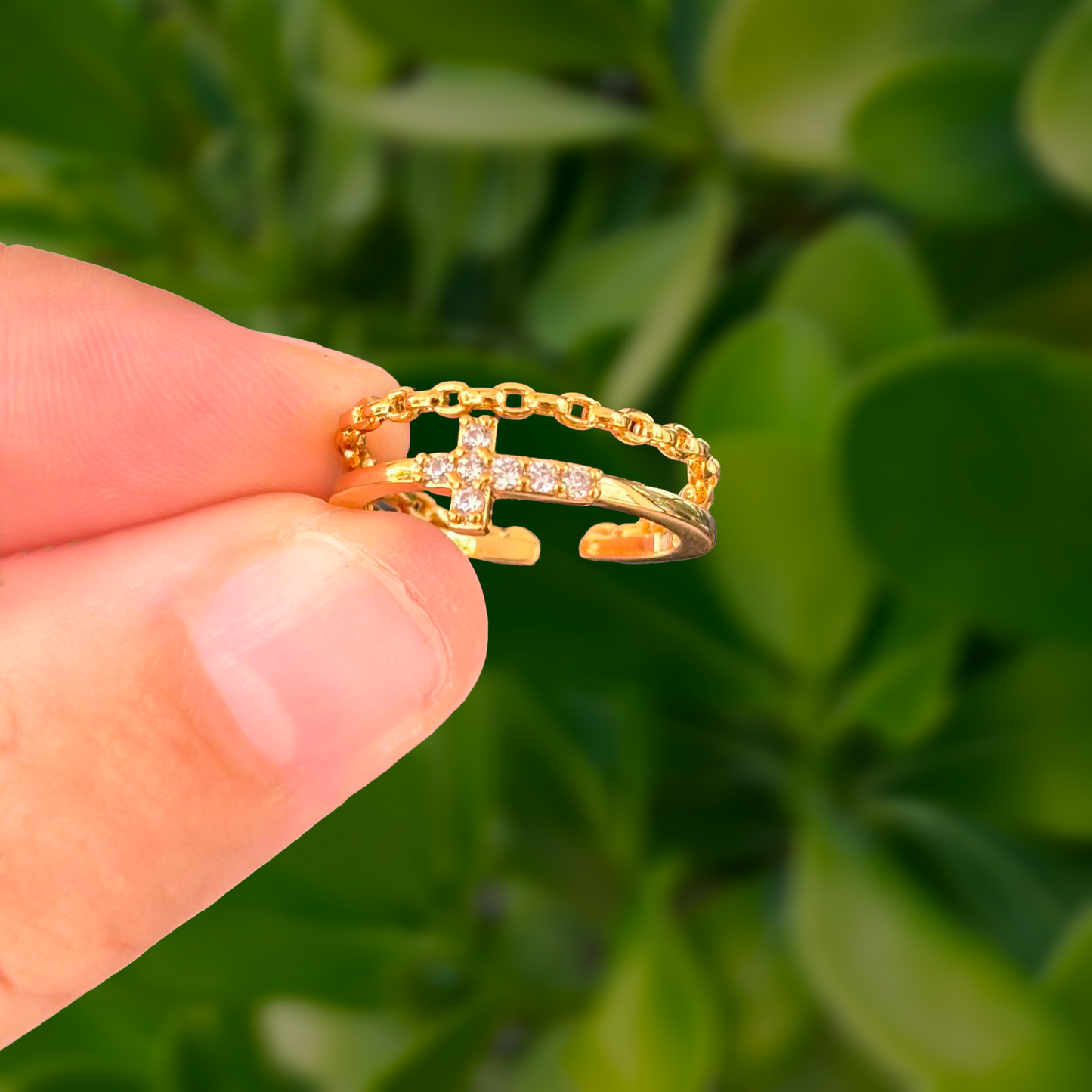 Anillo Cruz Zirconias Doble Fila Ajustable Chapa de Oro