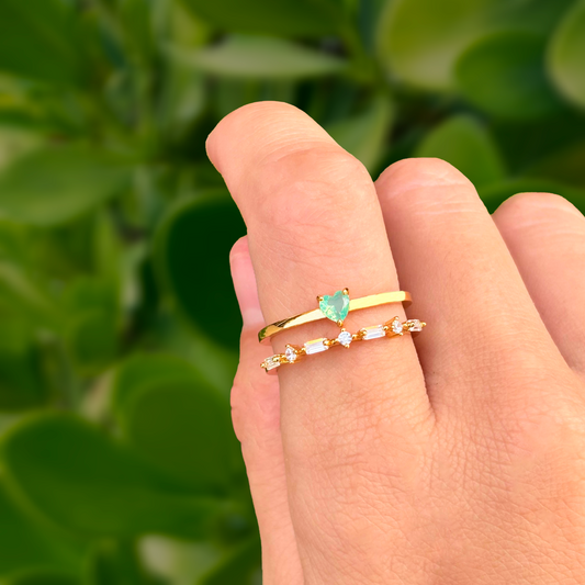 Anillo Dorado Doble Corazón Verde Chapa de Oro C624