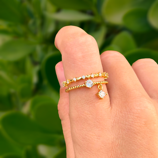 Anillo Dorado Doble Zirconia Colgante Chapa de Oro C696