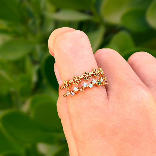 Anillo Doble Flores Y Zirconias Ajustable Chapa de Oro C692
