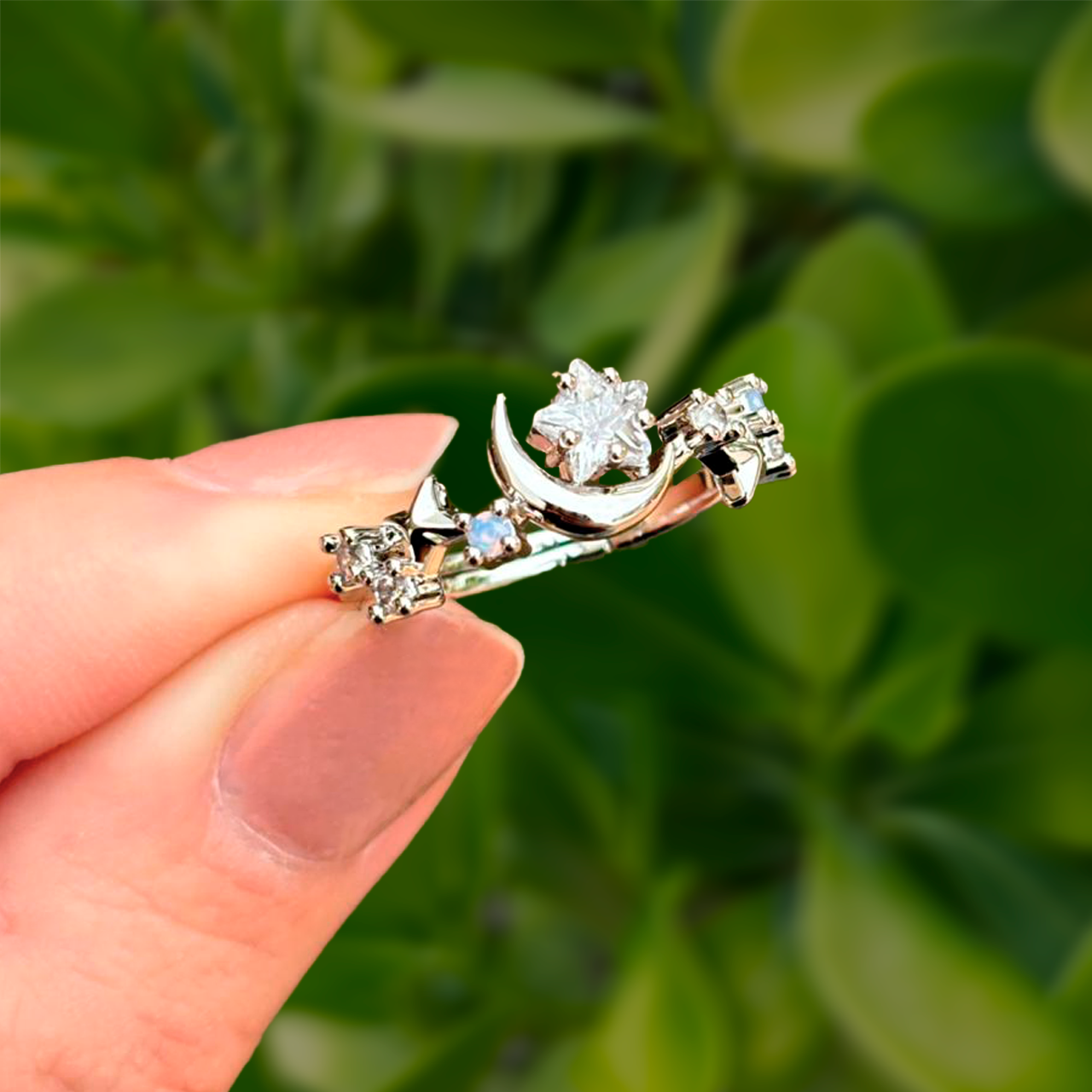 Anillo Plateado Luna Estrella Zirconias Chapa de Oro Az288