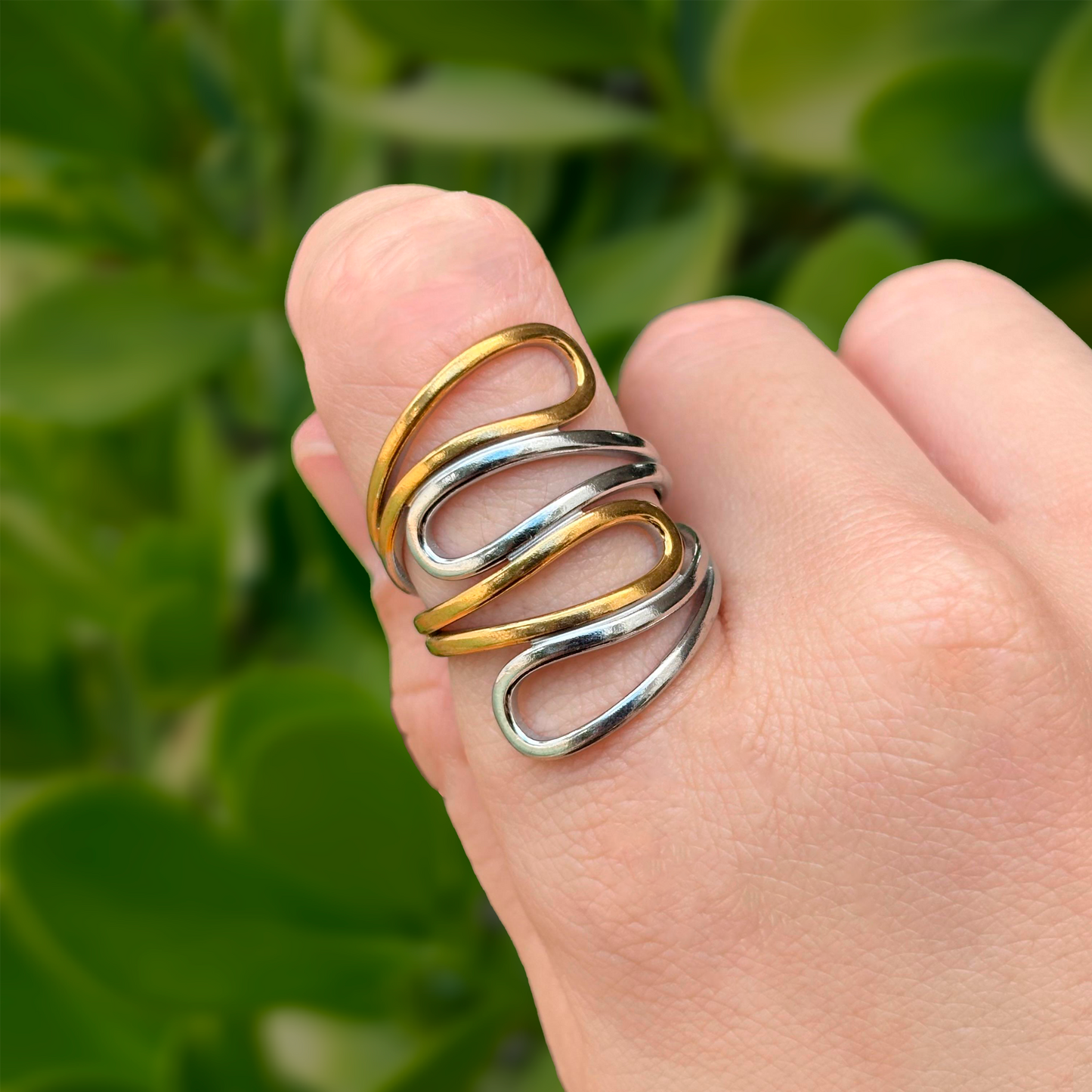 Anillo Irregular Oro - Plata Ajustable Acero Inoxidable 1E4