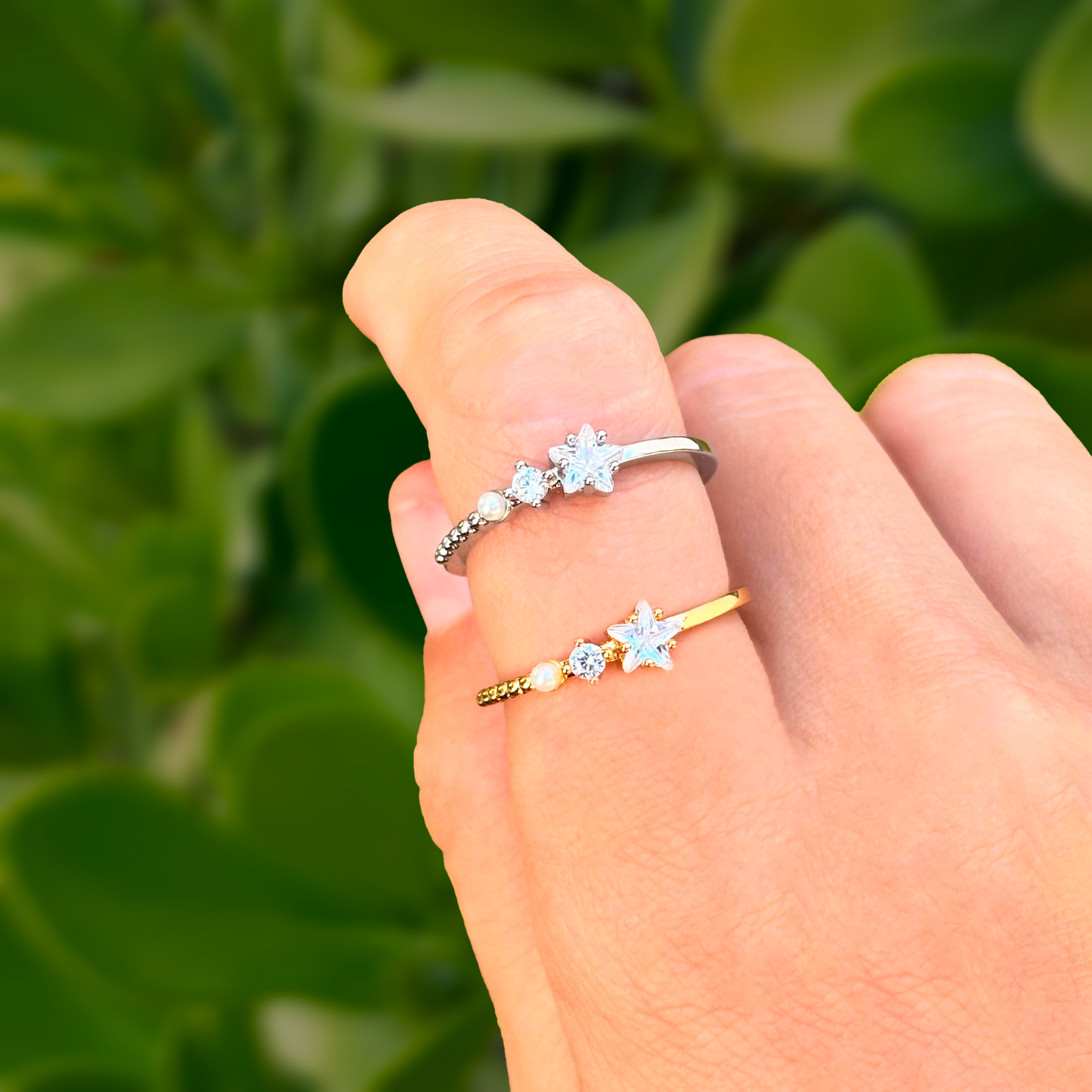 Anillo Estrella Zirconia Y Perla Ajustable Chapa de Oro