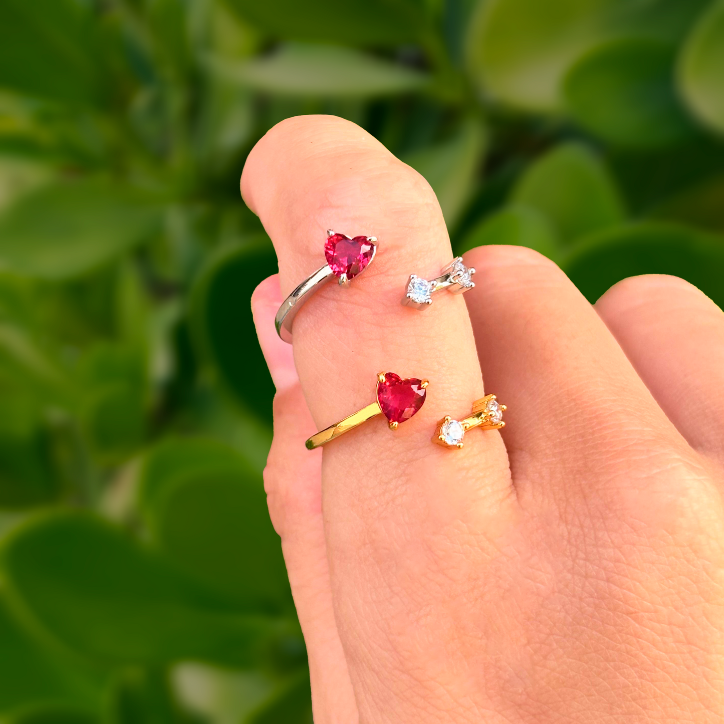 Anillo Corazón Rosa Y Zirconias Ajustable Chapa de Oro