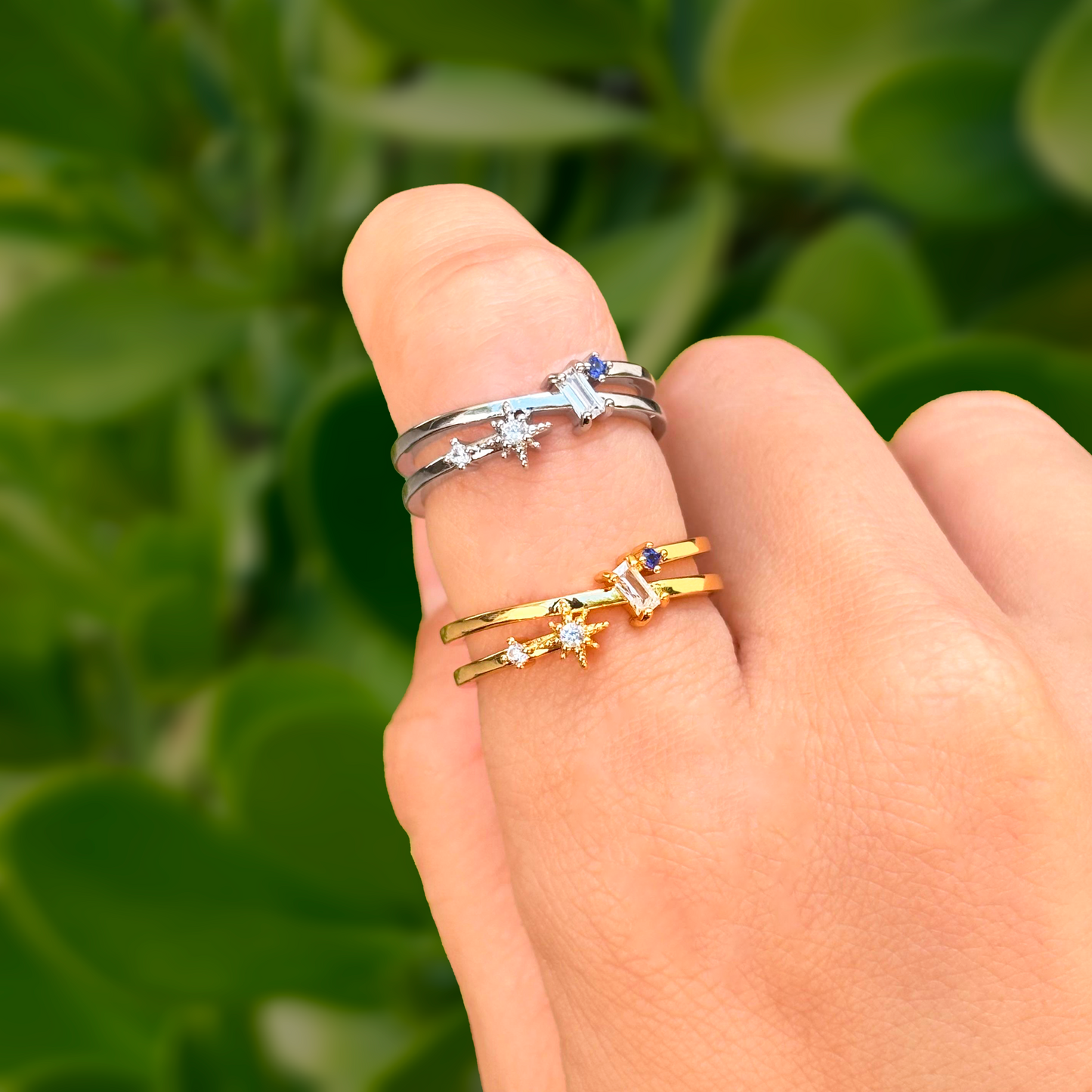 Anillo Estrella y Zirconia Azul Ajustable Chapa de Oro