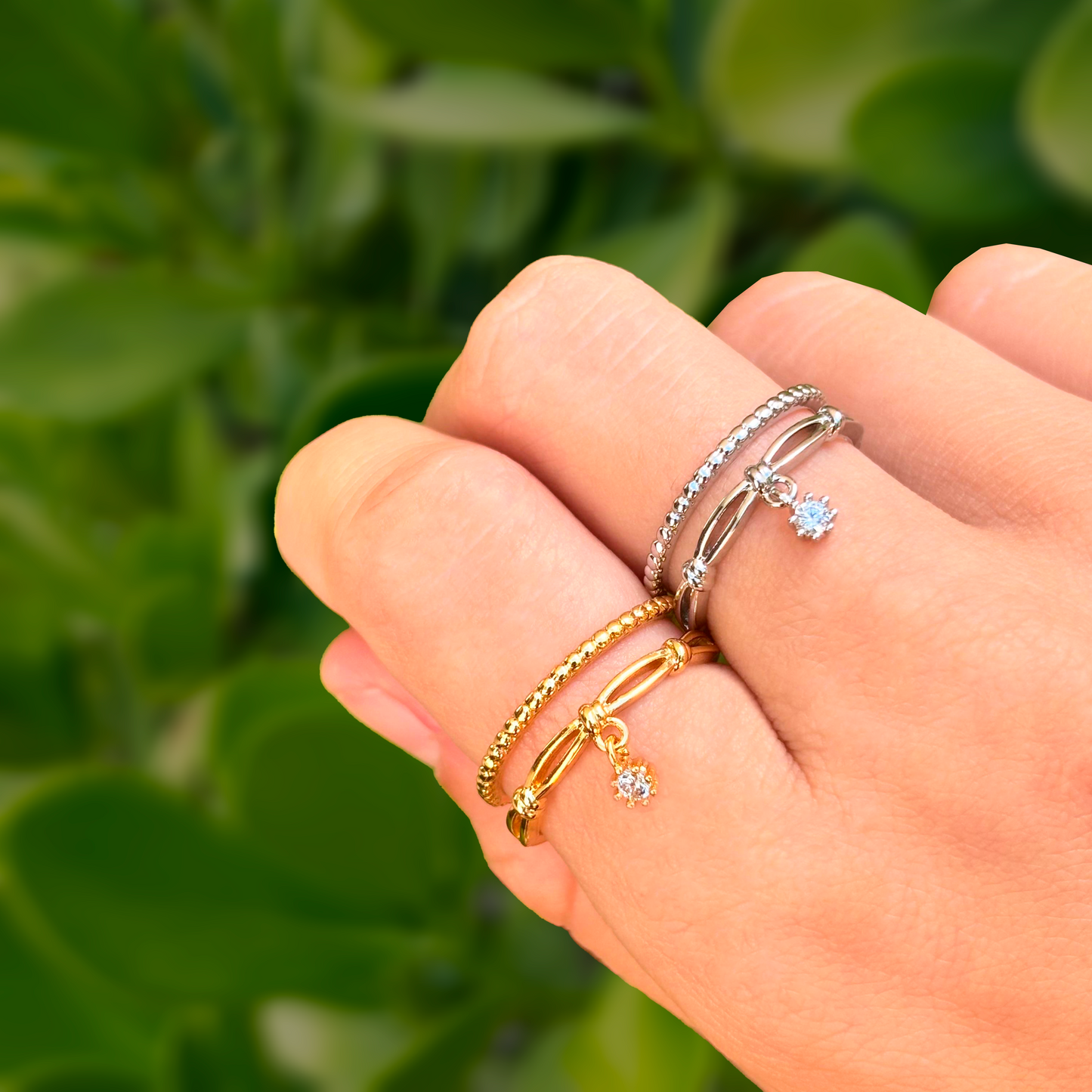 Anillo Doble Con Zirconia Ajustable Chapa de Oro