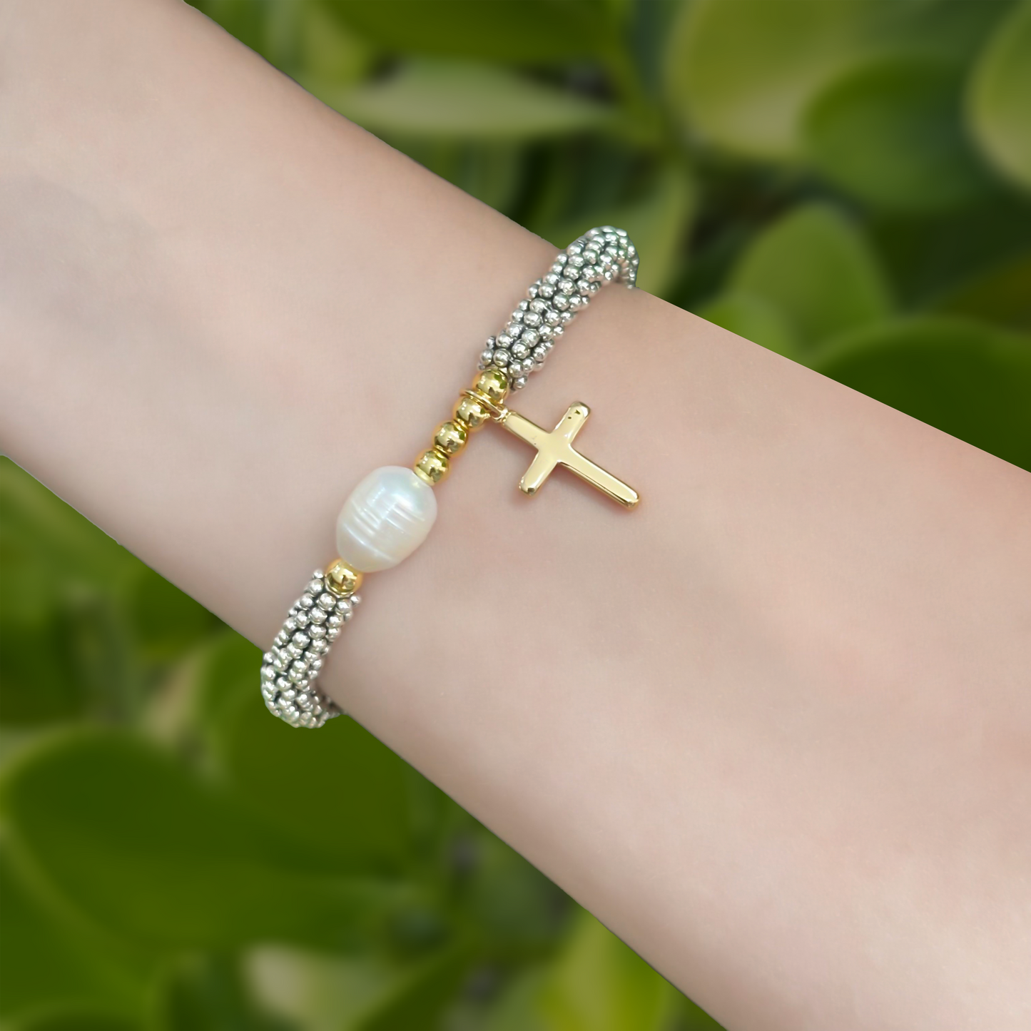 Pulsera Plateada Cruz y Perla Chapa de Oro  3G5