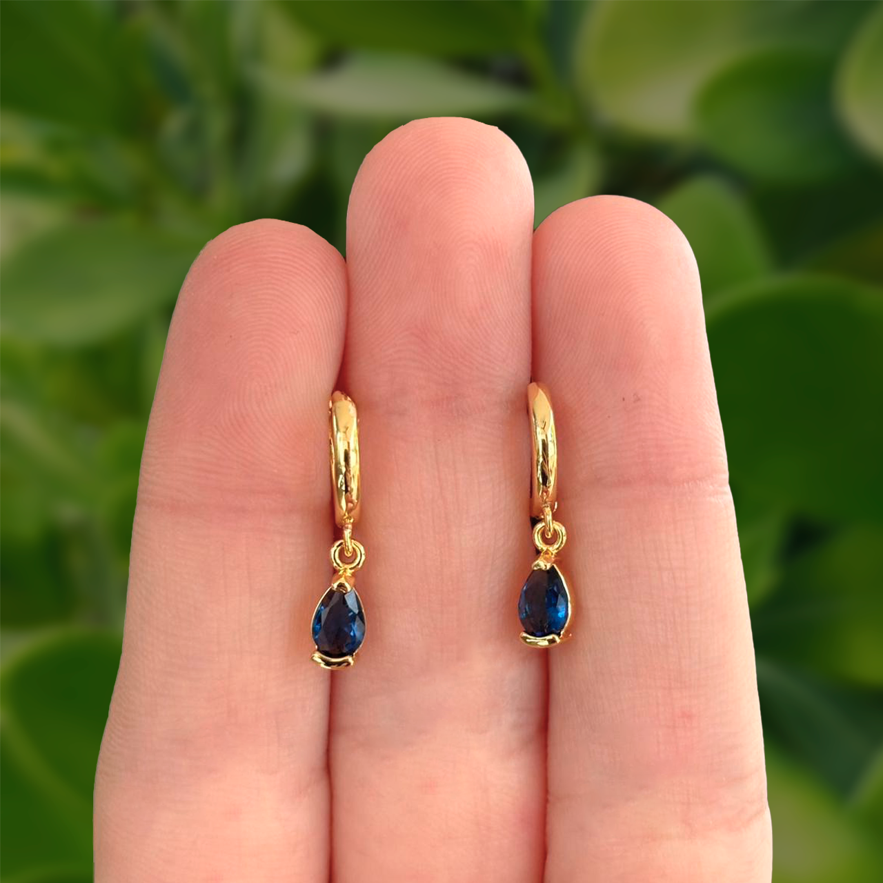 Aretes Hoops Gota Azul Chapa de Oro Az426