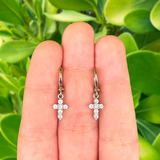 Aretes Cruz Chapa De Oro Blanco AZ418