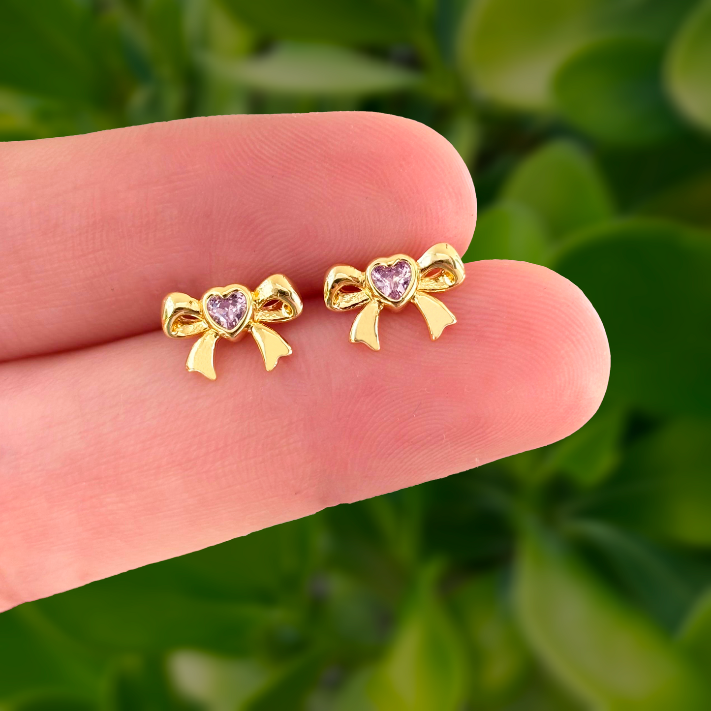 Aretes Lazo Corazón Rosa Chapa de Oro Az75