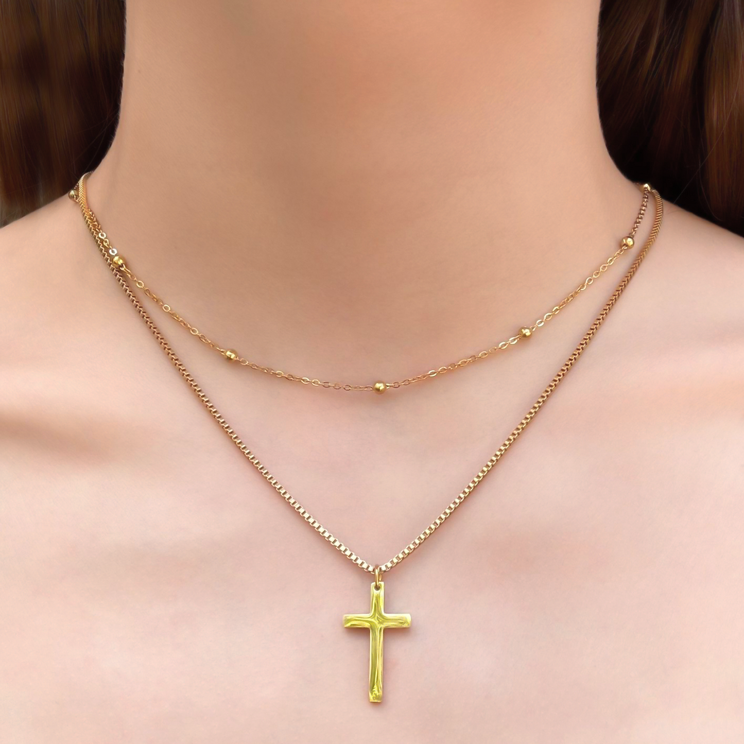 Collar Layer Dorado Cruz Acero Inoxidable 3C3