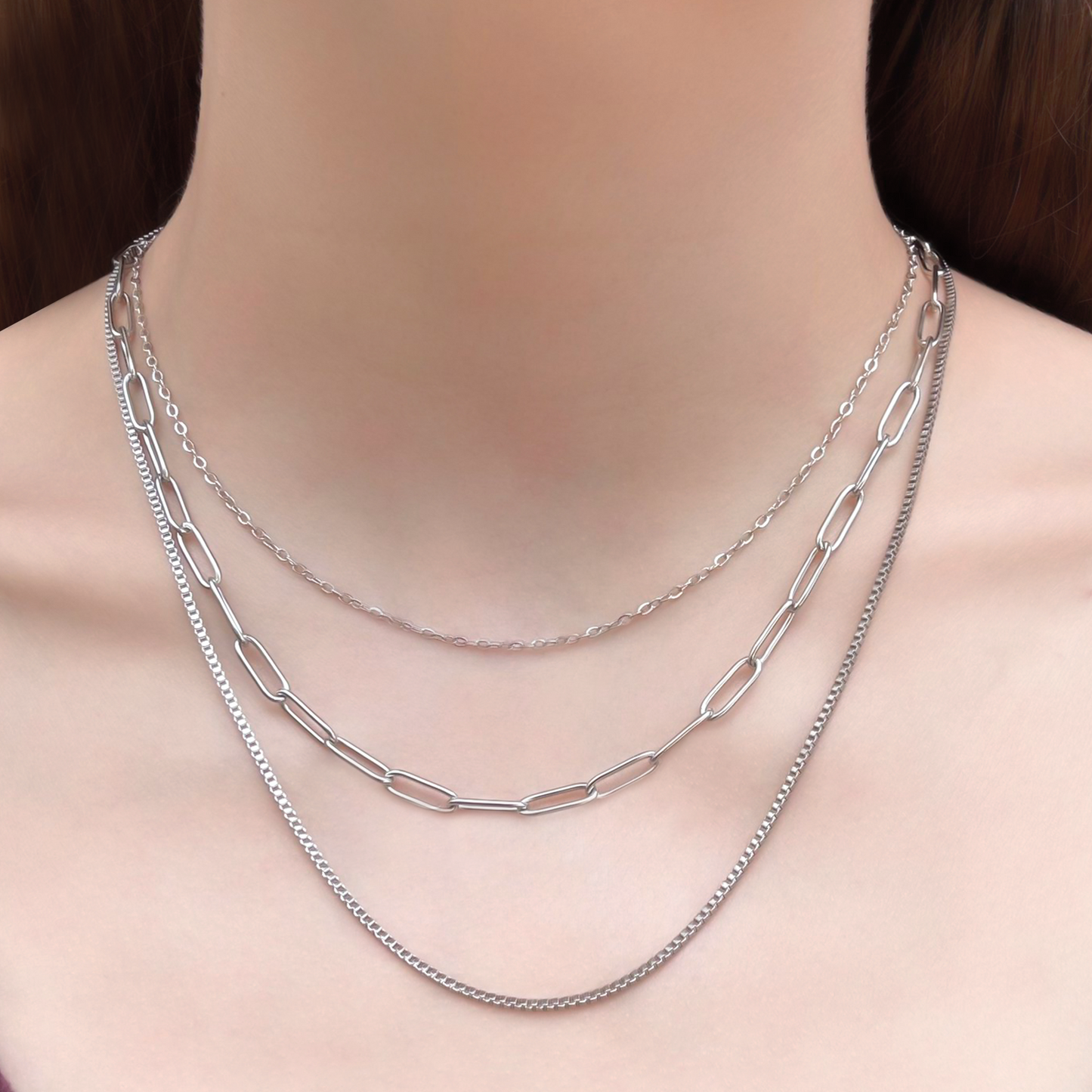 Collar Layer Plateado 3 Cadenas Acero Inoxidable 1W6