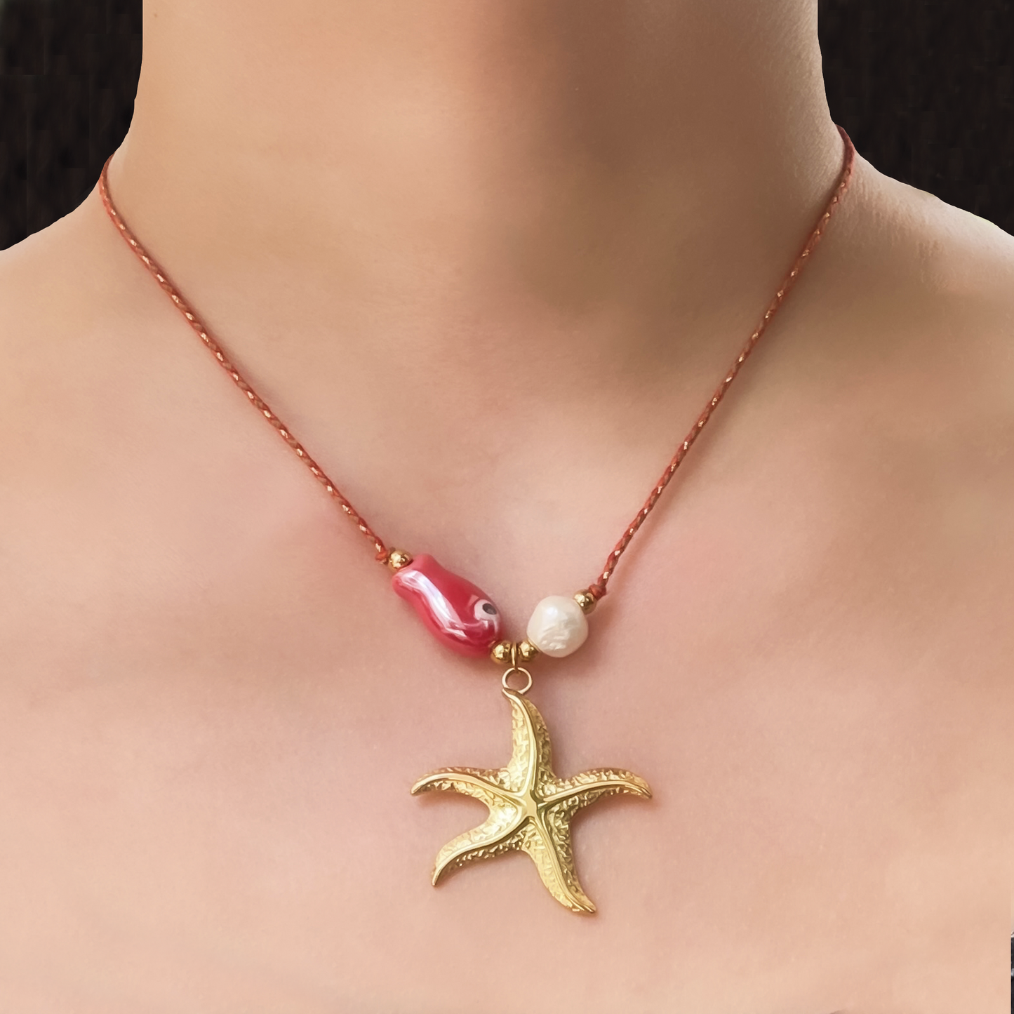 Collar de Cordon Pez Estrella Perla Acero Inoxidable 1M3