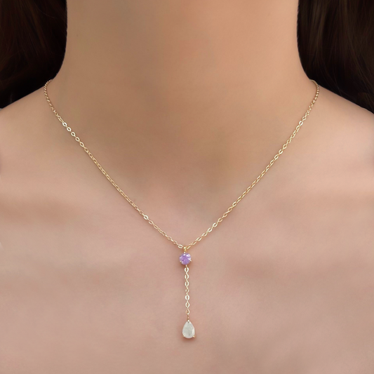 Collar Gota Zirconia Blanca Y Lila Chapa de Oro Az339