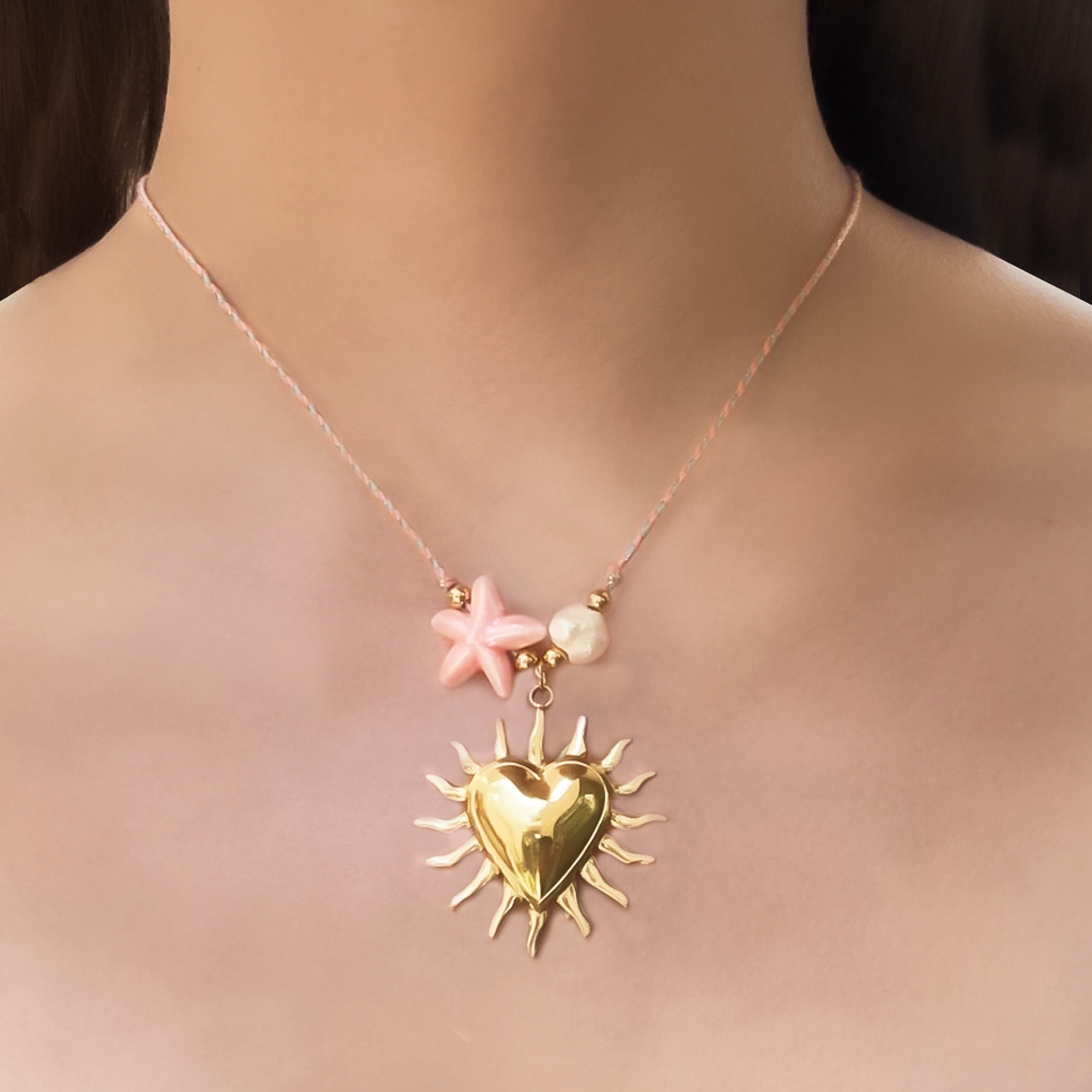 Collar de Cuerda Corazón Estrella Perla Acero Inoxidable 1j5