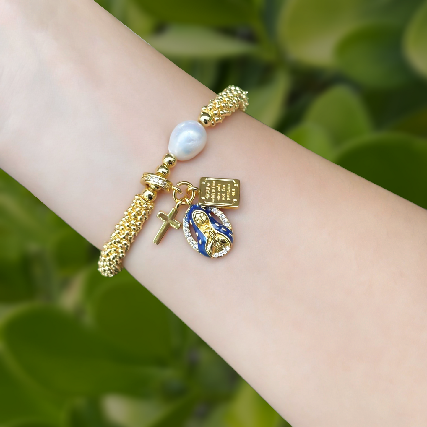 Pulsera Dorada Virgen Charms Chapa de Oro 1i6