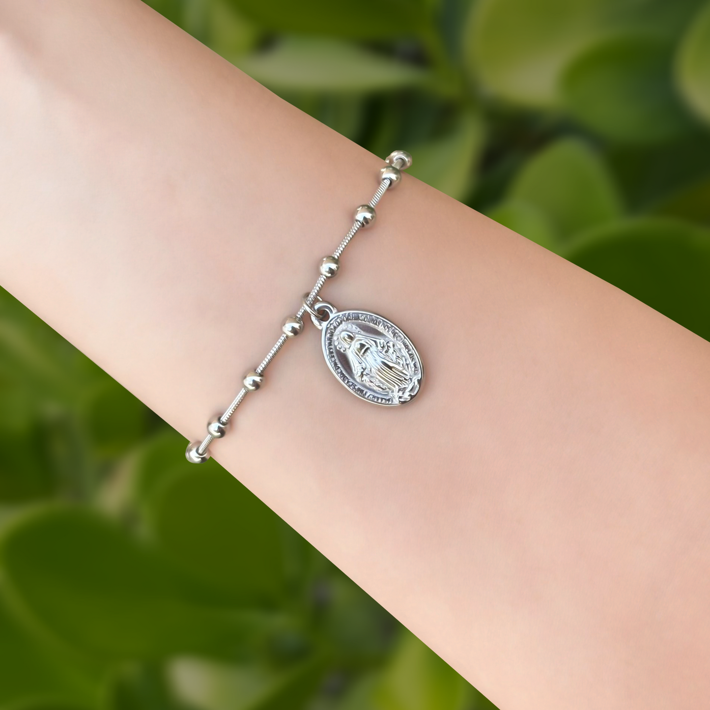 Pulsera Plateada Medalla Milagrosa Acero Inoxidable  1P3
