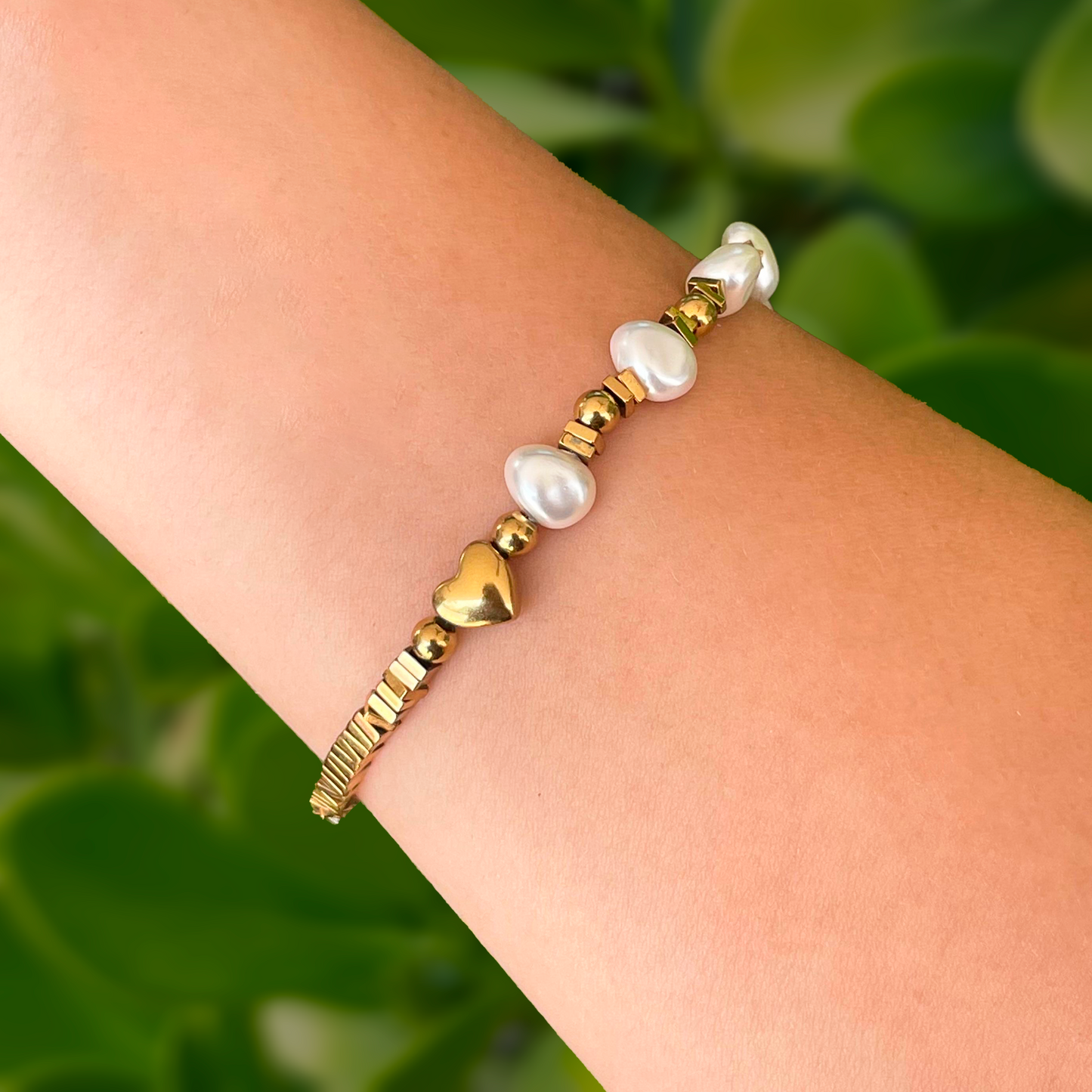 Pulsera Perlas y Corazón Acero Inoxidable 1Q2