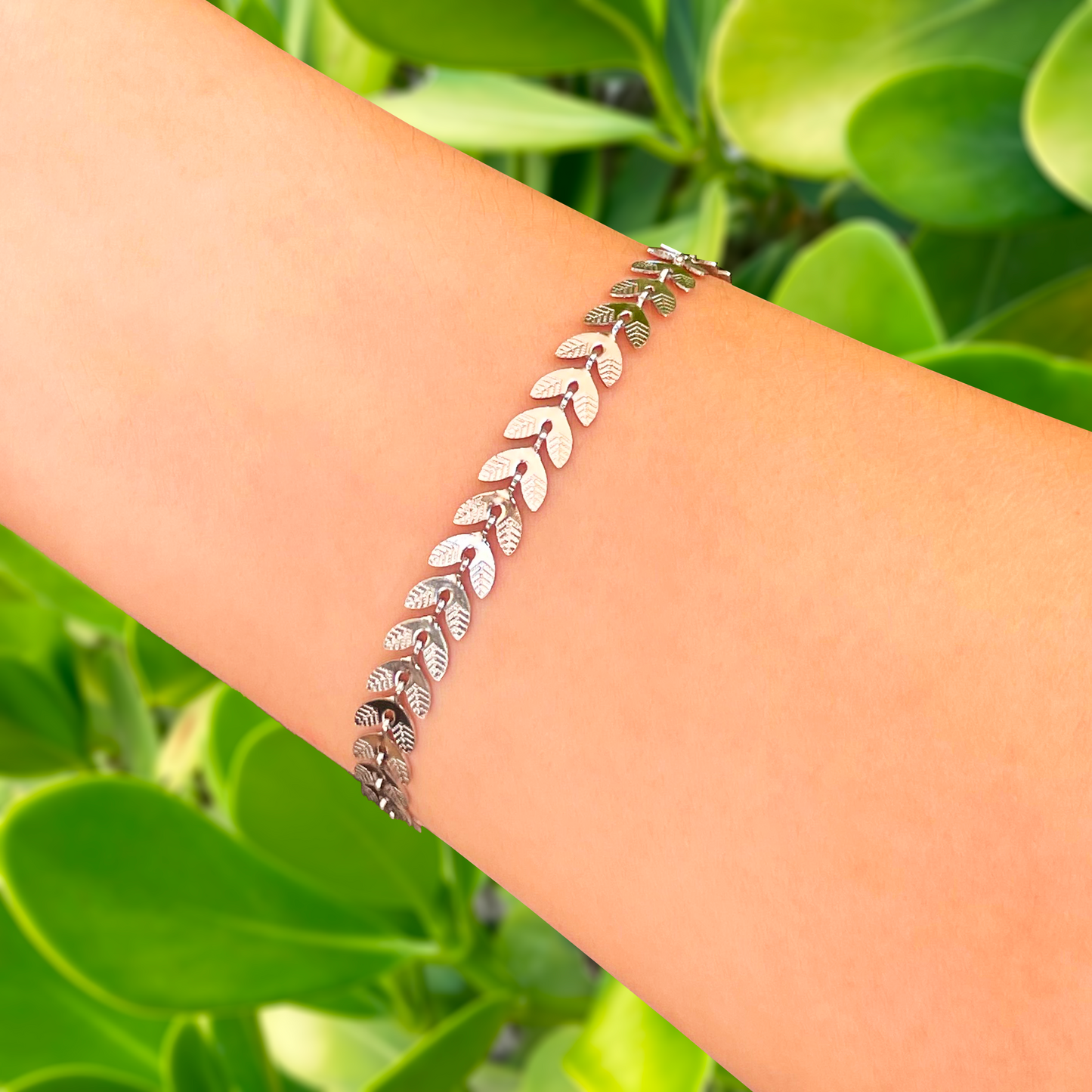 Pulsera Hojas Laurel Plateada Acero Inoxidable 1i2