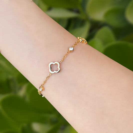 Pulsera Dorada Trébol y Brillante Acero Inoxidable 2D5