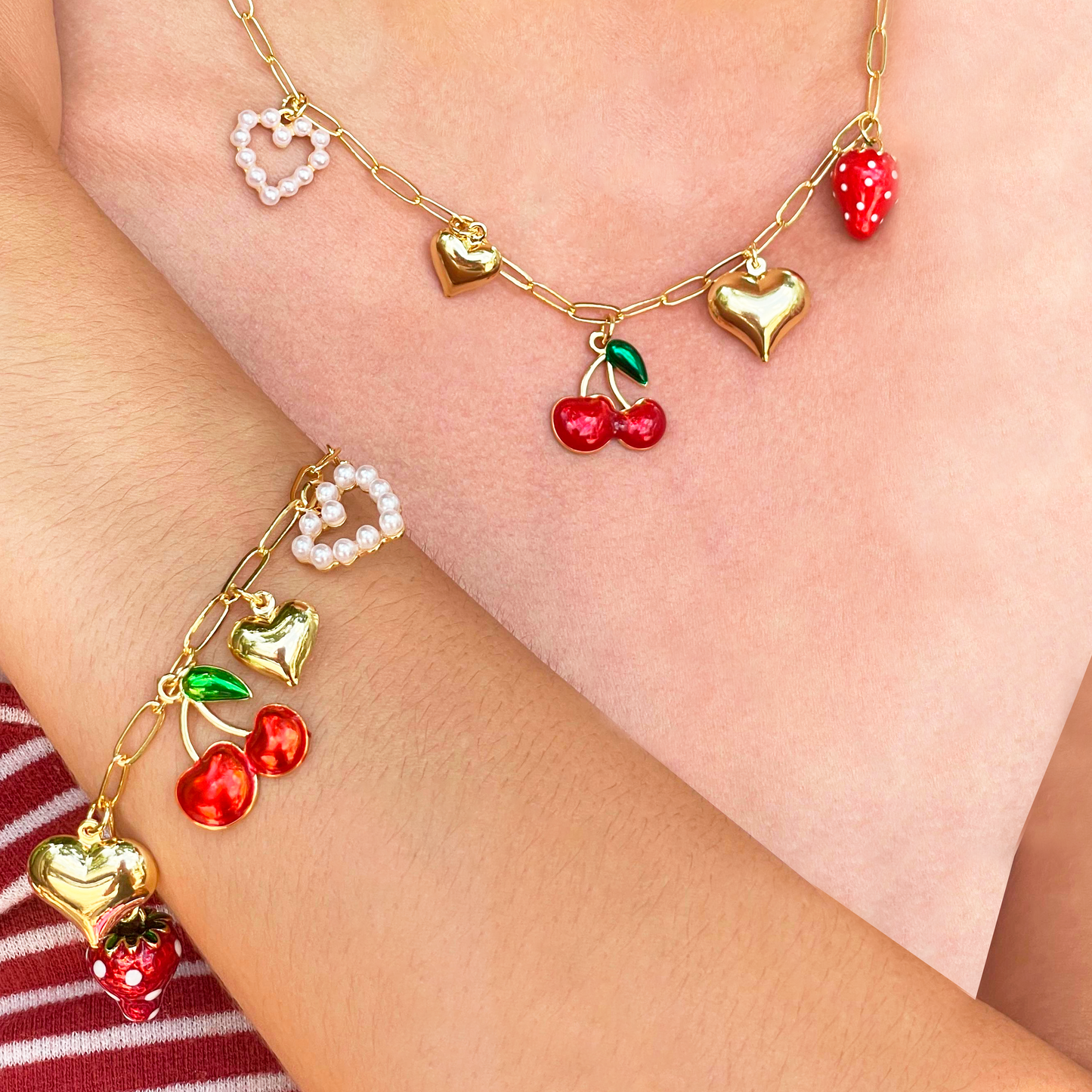 Collar Dorado Charms Fresa Cereza Corazón Acero Inoxidable 2A4
